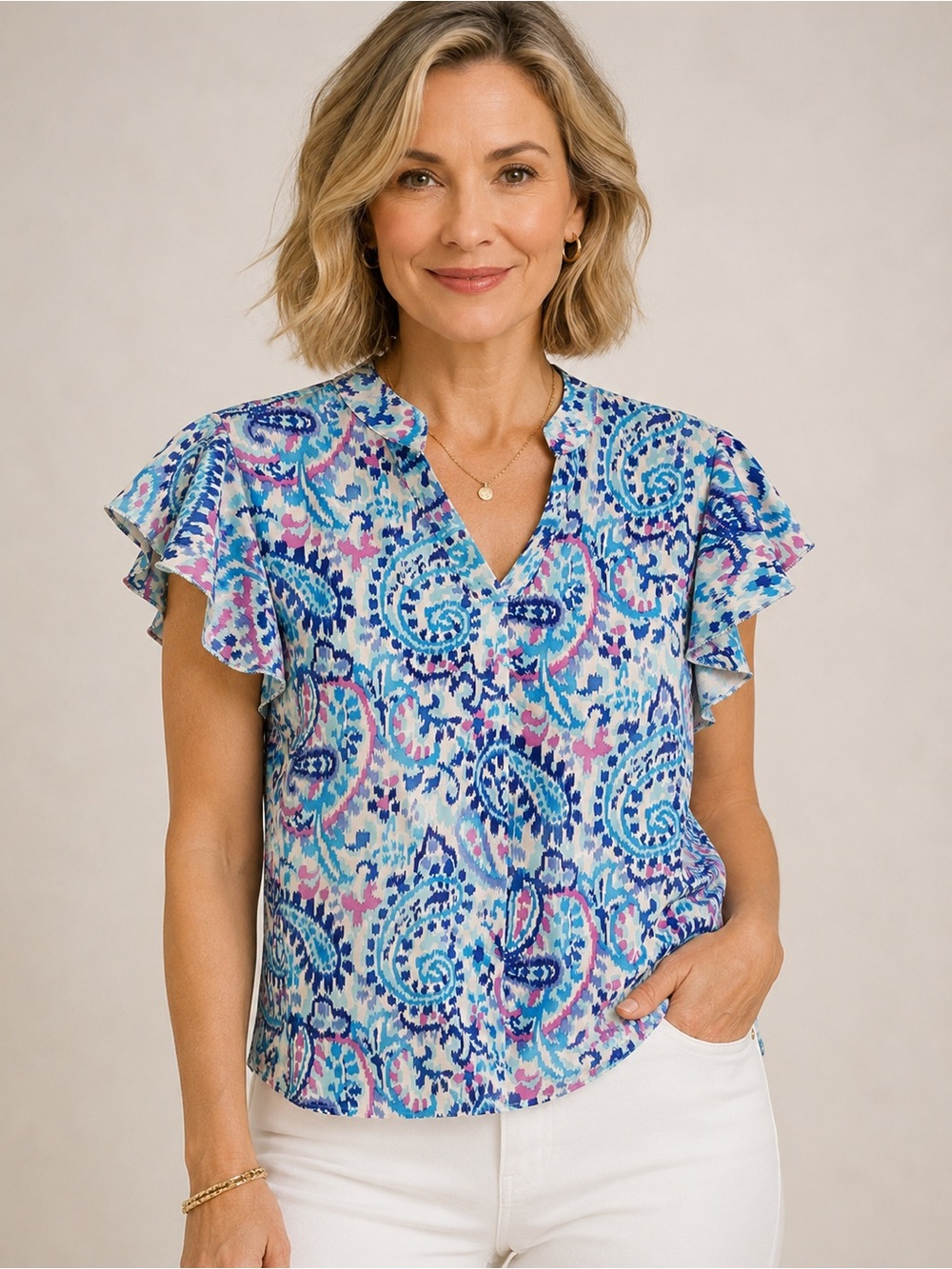 NWOT - Paisley Flutter Sleeve Blouse -SzL